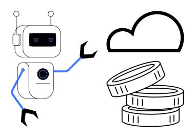 Yapay zeka, bulut hesaplama, dijital ekonomi, teknoloji otomasyonu, fintech, online işlemler. Bulut ve sikkelere doğru uzanan bir robot. Yapay zeka ve bulut hesaplaması anahtar kavramlardır