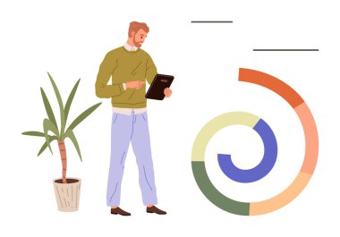 Tablet tutan adam, yeşil bir bitkinin yakınındaki renkli spiral verileri inceliyor. Analiz, strateji, büyüme, araştırma, üretkenlik takım çalışması için ideal. Basit düz metafor