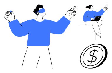 Sanal gerçeklik, uzaktan çalışma, teknoloji gelişimi, dijital ekonomi, sanal işbirliği, e-ticaret yeniliği. VR kulaklık kullanan, dizüstü para ikonu olan biri. Sanal gerçeklik