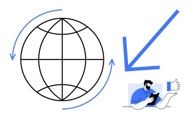 Küresel iletişim, ağ, teknoloji, uzaktan çalışma, sosyal medya, internet bağlantısı. Oklu bir küre ve baş parmağı olan bir tablet kullanan bir insan. Küresel iletişim ve ağ