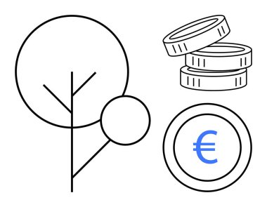 Sürdürülebilirlik, ekonomik büyüme, ekoloji, yatırım, çevre, Avrupa para birimi. Avro paralarının yanında bir ağaç çizgisi. Ekolojik etkiyi vurgulayan sürdürülebilirlik ve ekonomik büyüme kavramı