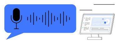 Ses tanıma, ses analizi, yapay zeka teknolojisi, transkripsiyon araçları, veri işleme, dijital arayüz. Mavi arkaplanda siyah mikrofon ve ses dalgası var. Veri tabanlı monitör. Ses.