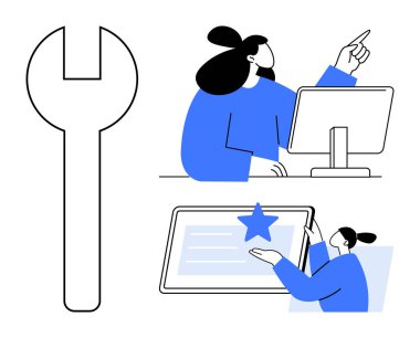 Dijital çalışma, bilişim desteği, çevrimiçi hizmetler, teknoloji eğitimi, müşteri etkileşimi, yazılım geliştirme. Bir insan ekranı gösterir ve teknolojiyle etkileşir. IT desteği ve çevrimiçi hizmetler