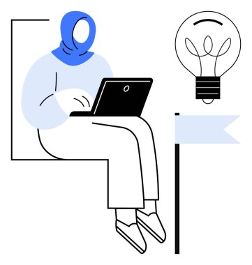 Girişimcilik, yaratıcılık, çevrimiçi öğrenme, yenilik, beyin fırtınası, dijital çalışma. Dizüstü bilgisayarı olan bir kadın, ampul. Yaratıcılık ve girişimcilik kavramları açıkça