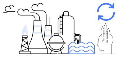 Endüstri mühendisliği. Fabrika emisyonları ve su kullanımı geri dönüşüm ve yenilik sembolleriyle bağlantılı. Endüstriyel mühendislik çevresel etkiyi vurguluyor. Enerji, sürdürülebilirlik, eko-tasarım için