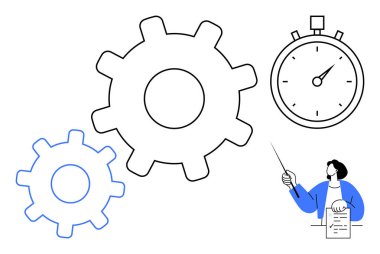 Hareket halindeki dişliler, kronometre, işaretleyici ile doküman sunan kişi. Takım çalışması, iş akışı, verimlilik, zaman yönetimi, strateji planlama eğitim tasarımı için idealdir. Basit düz metafor