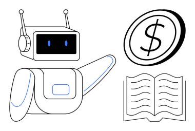 Yapay zeka, eğitim, yenilik, otomasyon, finans, fütüristik fikirler. Antenli robot, açık kitap dolar sembolü. Yapay zeka ve eğitim kavramları