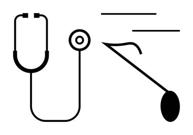 Stetoskop ve akort çatalı basit siyah çizgilerde tıbbi teşhisi, ses dalgalarını ve sağlık hizmetini sembolize ediyor. Sağlık, tıp, tanı, işitsel, sağlık, araştırma basitliği için ideal