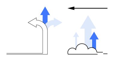 Gelişme, dinamik ok sembolleri ile büyüme ve hareket. İlerleme illüstrasyonu yenilik, karar verme ve ileri hareket taşır. İş, strateji, liderlik, planlama kavramları için