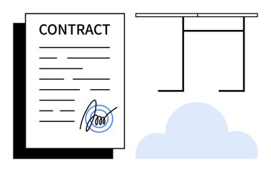 Yasal anlaşmalar, bulut depolama, dijital çalışma alanları, e-imzalar, online işbirliği, ortak ofis araçları. İmzalı bir sözleşme, bir masa ve bir bulut simgesi. Yasal anlaşmalar ve bulut depolama kavramı