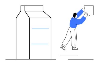 Paketleme konsepti. Ürün ambalajıyla uğraşan kişi, büyük karton resimli markalar. Ürün pazarlama, markalaşma stratejileri, tüketici malları, e-ticaret, sürdürülebilirlik için ambalaj