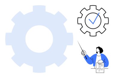Büyük teçhizat, işaretli daha küçük teçhizat, kavramları gösteren bir belgeyle bireysel sunum. Proje planlaması, takım çalışması, iş akışı, kalite güvencesi, görev yönetimi, yenilik için ideal