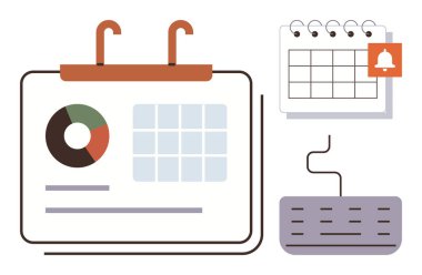 Takvim çizelgesi, bildirim hatırlatıcı ve klavye. Program, planlama, üretkenlik, iş akışı, hatırlatıcılar, görev yönetimi için ideal basit düz metafor