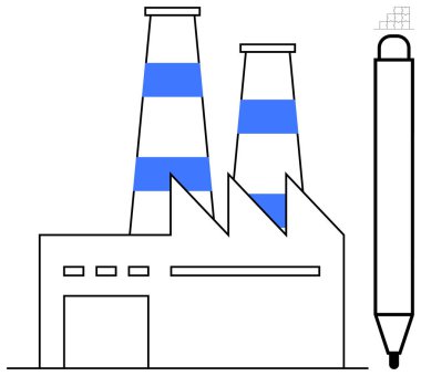 Yaratıcı endüstri. Bir fabrika sembolü ve kalem, bu resim üretimi ve yaratıcılığı birbirine bağlıyor. Yaratıcı endüstri yenilikle imalat arasında bağlantı kurar. İş, tasarım, eğitim ve verimlilik için harika