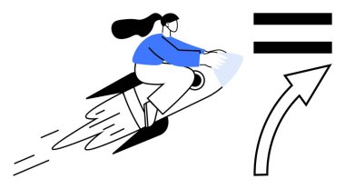 Hız çizgileri olan bir rokete binen kadın, eşitlik sembolüne ve yukarı doğru ok atmaya doğru gidiyor. Liderlik, büyüme, güçlendirme, yenilik, hırs, cinsiyet eşitliği gelişimi kavramları için idealdir. Basit.