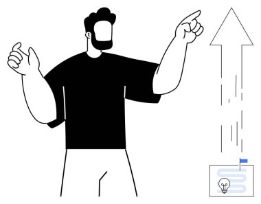 İş büyümesi, liderlik, gelişme, strateji, yaratıcı fikirler, yenilik. Bir adam altında ampul sembolü olan yükselen bir oku işaret ediyor. İş büyümesi ve liderlik kavramı