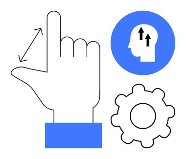 Kullanıcı etkileşimi konsepti. Büyüme ve ayarlar için simgelerle el hareketleri etkileşimli kontrol. Kullanıcı etkileşimi çözümleri ilerletiyor ve dijital bağlantıyı geliştiriyor. UX için, teknoloji, eğitim