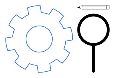 Çalışma akışı şemaları, teknik analizler, beyin fırtınası, problem çözme araçları, verimlilik. Teçhizat taslağı, büyüteç ve kalem. Çalışma akışı şemaları ve teknik analiz kavramı