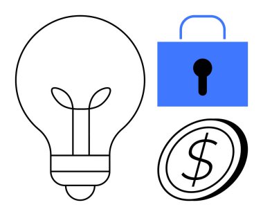 Yenilik, güvenlik, finansal planlama, fikri mülkiyet, veri koruması, değer yaratma. Ampul, kilit ve bozuk para ve dolar işareti. Yenilik ve güvenlik kavramları görsel olarak