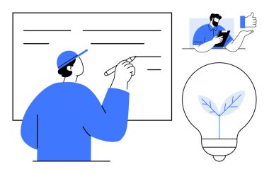 Eğitim, takım çalışması, yaratıcılık, iletişim, işbirliği, yenilik. Güvertede yazan kişi, yaprağıyla baş parmağını kaldıran kişi. Eğitim ve takım çalışması görselleştirme