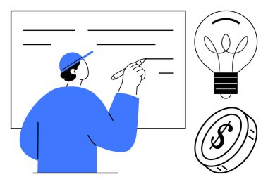 İş planlaması, eğitim, yenilik, yaratıcılık, finansal strateji, hedef belirleme. Ampul ve dolar sembolüyle beyaz tahtaya yazı yazan kişi. İş planlaması ve yenilik illüstrasyonu