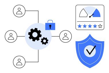 Veri güvenliği kavramı. Veri güvenliği kullanıcı güvenliğini ve sistem performansını sağlıyor. Bir kalkan, kilit ve ağ üzerinden veri güvenliği. Bilişim çözümleri, risk yönetimi, girişimler ve güven için