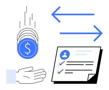 Elle alınan bozuk paralar, transfer olduğunu gösteren oklar ve kullanıcı verileri içeren detaylı belgeler. Finans, ödeme, ticaret, bütçe, kimlik dijital iş akışı için ideal. Basit düz