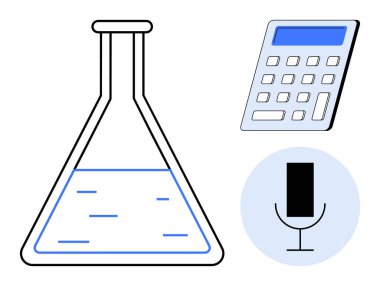 Bilim, eğitim, teknoloji, veri analizi, iletişim ve yenilik. Sıvı, hesap makinesi ve mikrofon ikonlu bir şişe. Matara ve hesap makinesi elementleriyle bilim ve eğitim