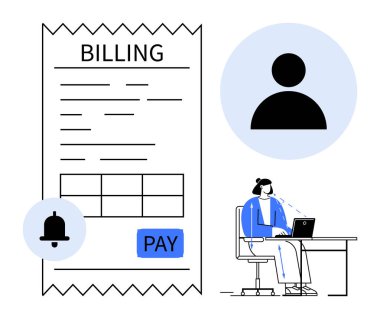 Online fatura konsepti. Faturalama çevrimiçi ödeme işlemlerini düzene sokar, kullanıcı kimliğini entegre eder ve bildirim özelliklerini de içerir. Çevrimiçi e-ticaret, finans, SaaS, kamu hizmetleri faturaları