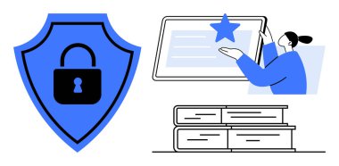 Siber güvenlik, dijital eğitim, çevrimiçi öğrenme, veri koruması, akademik kaynaklar, güvenli platformlar. Kalkanda kilit sembolü, tabletle etkileşime giren ve kitapları istifleyen biri. Siber Güvenlik