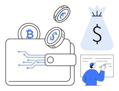 Yatırımcıların finansal verileri analiz ettiği dijital bir cüzdandan çıkan kripto para birimleri. Fintech çözümler, engelleme teknolojisi, dijital güvenlik, çevrimiçi ticaret, sanal para birimi için ideal
