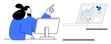 Veri analizi, dijital pazarlama, ofis işi, iş sunumu, strateji planlaması, raporlama araçları. Analitik gösterge panelini gösteren kişi. Veri analizi ve raporlama araçları kavramı