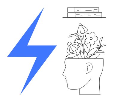 Büyüyen çiçeklerle büyüyen insan kafası fikirleri ve büyümeyi simgeler. Yıldırım yaratıcılığı vurgular ve kitaplar bilgiyi simgeler. Yaratıcılık, eğitim, akıl, yenilik, enerji ve başarı için ideal