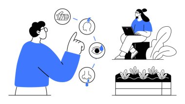 İnsan duyuları konsepti. Görüş, koku, dokunma ve semboller, farkındalık ve dijital bağlılık yoluyla insan etkileşimi üzerine yaratıcı bir odaklanma. Eğitim, teknoloji ve öğrenme materyalleri için mükemmel sağlık