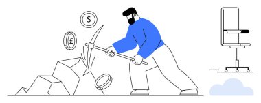 Finansal büyüme, iş hayatı dengesi, dijital yatırım, kişisel çaba, ekonomik kavramlar, girişimcilik. Kazmalı madeni para işleriyle uğraşan biri. Mali büyüme ve iş hayatı dengesi