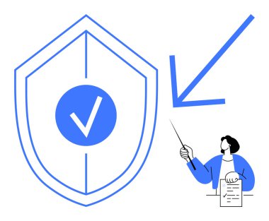 İşaretli kalkan korumayı sembolize eder, büyük ok vurgulanmış odak noktasını vurgular, kişi elinde belge ve işaretçi öğretmeyi veya açıklamayı temsil eder. Siber güvenlik ve veri güvenliği için ideal