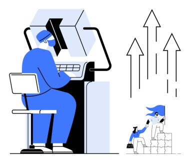 Ticari yenilik, takım çalışması başarı, büyüme stratejileri, hedef başarı, gelecekteki yenilik, işbirliği. Bilgisayar kullanan bir profesyonel ve ok atan bir takım. İş büyümesi