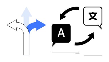 Geçiş okları, harfli ve karakterli dil konuşma baloncukları, seçenekleri ve çok dilli iletişimi sembolize ediyor. Çeviri, karar verme, küresel bağlantı ve eğitim için ideal