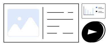 Dijital pazarlama, veri analizi, multimedya içeriği, kurumsal sunumlar, çevrimiçi eğitim, iş araçları. Grafik, metin alanları çizelgesi ve çalma düğmesi olan bir düzen. Dijital pazarlama