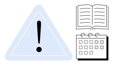 Uyarı üçgenindeki ünlem açık kitap ve takvimin yanında. İhtiyat, eğitim, planlama, planlama, zaman yönetimi, hatırlatıcılar veya güvenlik için ideal. Basit bir düz metafor.