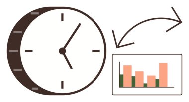 Zamanı temsil eden saat, istatistikleri gösteren çubuk grafik, iş akışını gösteren oklar. Üretkenlik, verimlilik, iş, iş akışı, zaman izleme, basit düz metafor analizi için ideal