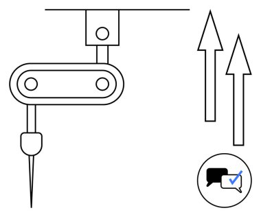 Keskin aletli endüstriyel robotik kol, ilerlemeyi simgeleyen iki yukarı ok ve işaretli bir iletişim ikonu. Üretim, yenilik, teknoloji, yapay zeka ve otomasyon için ideal