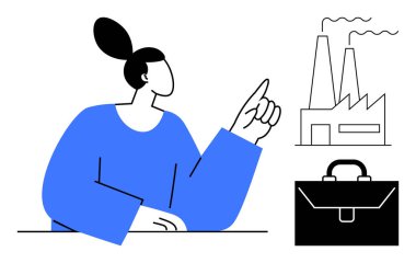 Sanayi, iş stratejisi, üretim, kariyer büyümesi, ekonomik kararlar, profesyonel planlama. Fabrikayı ve evrak çantasını gösteren bir kişi. Sanayi ve iş stratejisi kavramı