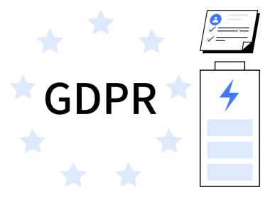 Yıldızlarla çevrili GDPR metni, kontrol listesi olan belge ve pil ikonu veri gizliliğini, düzenlemeyi, uyumu, güvenliği, yasal çerçeveyi, güvenilirliği ve şeffaflığı sembolize ediyor. İdeal