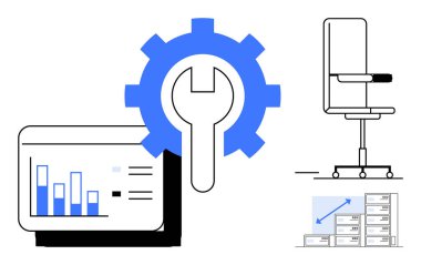 Veri analizi, ofis organizasyonu, iş akışı iyileştirme, üretkenlik araçları, iş stratejisi, bilgi yönetimi. İçinde bir bar grafiği, bir vites, bir sandalye ve dosyalar var. Veri analizi ve ofis