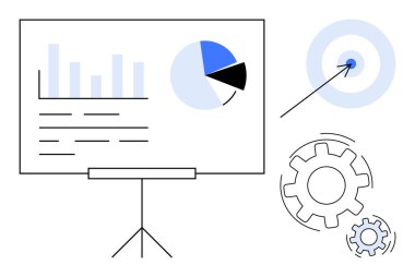 Veri analizi, iş büyümesi, proje yönetimi, stratejik planlama, verimlilik, iş akışı iyileştirme. Çizelge ve pasta grafiği, hedef vites simgeleri. İş büyümesi ve proje yönetimi