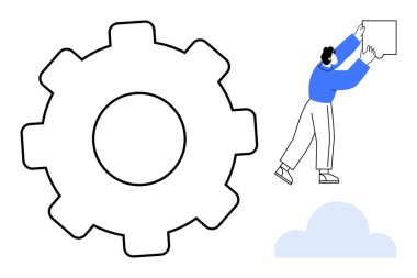 Çalışma akışı konsepti. Dişliler ve insanlar bulut, iş akışı verimliliği ve sistem yönetimi ile etkileşim halindeler. İş akışı verimliliği ve iş bütünleşmesini artırıyor. Teknoloji, takım çalışması, veri yönetimi için