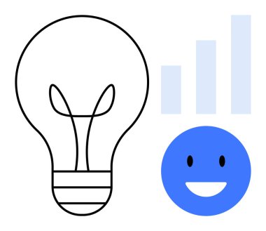 Yenilik kavramı. Yenilik bir ampul, büyüyen bir bar grafiği ve gülümseyen bir yüz ikonu ile yapılır. İnovasyon fikirleri, büyümeyi, ilerlemeyi ve başarıyı yönlendirir. İş teknolojisi yaratıcılığı için