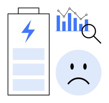 Düşük pil konsepti. Bataryanın görsel öğeleri, veri grafiği, büyüteç ve üzgün yüz gücü tükenmesi ve veri analizi. Enerji, teknoloji ve araştırma konuları için ideal. Güç analiz enerjisi