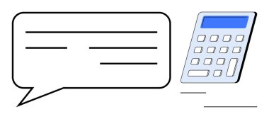 İş iletişimi, finansal analiz, bütçe, veri işleme, ödeme sistemleri, online araçlar. Konuşma balonu ve hesap makinesi beyaza. İletişim ve finansal analiz kavramı